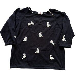 Quacker Factory Black Sweater Snow Bunnies Puffy CottonTails Faux Pearl   XL